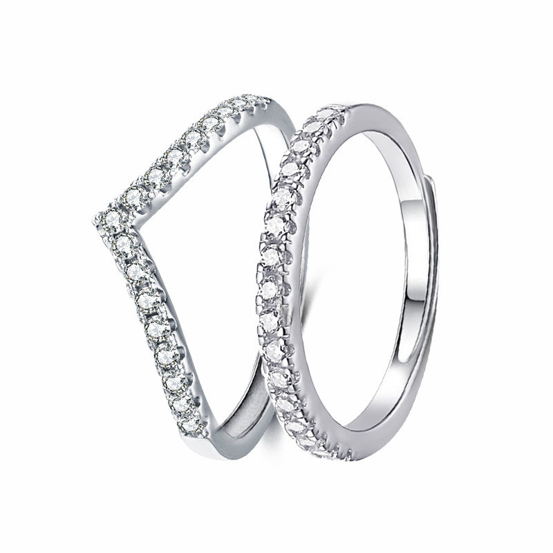 Nhật Bản Đơn Giản Ánh Sáng Sang Trọng Hình Chữ v Mô Phỏng Moissanite Nhẫn Kim Cương Có Thể Xếp Chồng Hàng Phẳng Kim Cương Nhẫn Sáu Móng Vuốt Mở Nhẫn Có Thể Điều Chỉnh Đuôi Nhẫn
