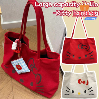 [Đến 3-5 ngày] Túi đeo vai bằng vải Canvas nữ in hình Hello Kitty, Túi Tote nhẹ dung tích lớn để đi học, Chất liệu bền bỉ Thời trang dễ thương