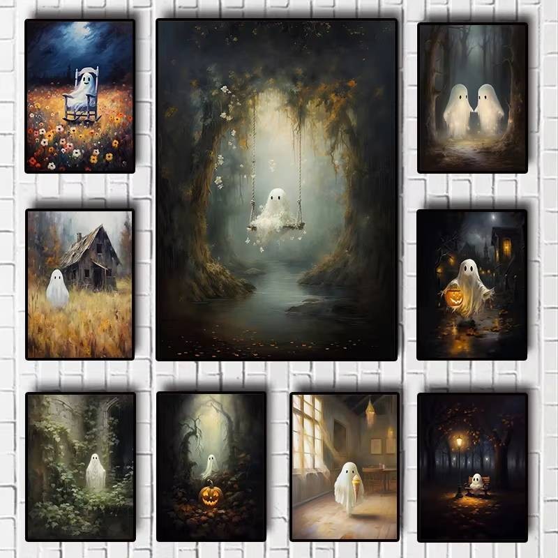 Halloween Ma Poster Dễ Thương Ma Rừng Vải In Poster Nghệ Thuật Treo Tường Lễ Hội Trang Trí Tranh Cho Gia Đình Trang Trí Phòng Khách