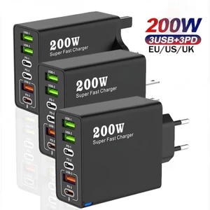 Bộ sạc nhanh 6 cổng 200W 3USB + 3PD QC3.0 Bộ sạc tường du lịch di động Bộ sạc điện thoại Tương thích rộng rãi