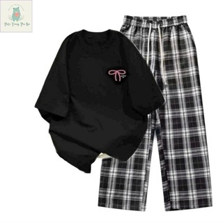 [ Hàng Mới ] Sét Bộ Quần Kẻ caro+ mix áo phông form rộng -nơ AN PHA in ngực-