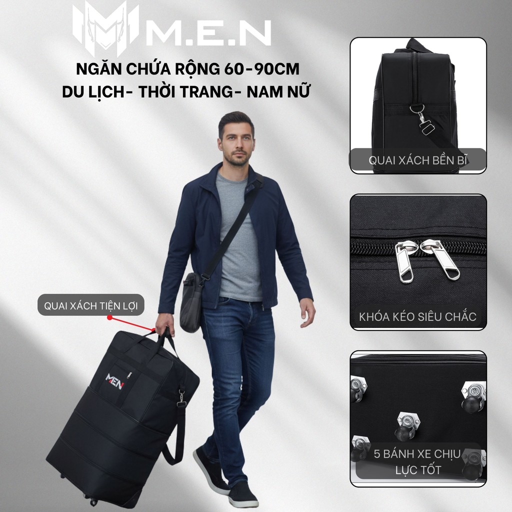 Túi gấp gọn 5 bánh xe M.E.N 3 size full đen chống thấm [MẪU MỚI]