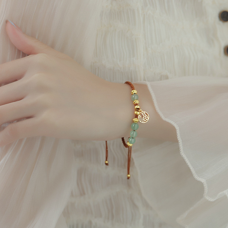 Vòng tay dệt có thể điều chỉnh Hetian Jade "Fu" dành cho nữ
