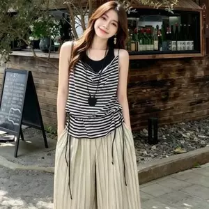 Váy mùa hè siêu nóng Một bộ cổ xoay sọc màu đen eo hẹp Sling nhiều lớp Áo Vest không tay Top Bộ hai mảnh