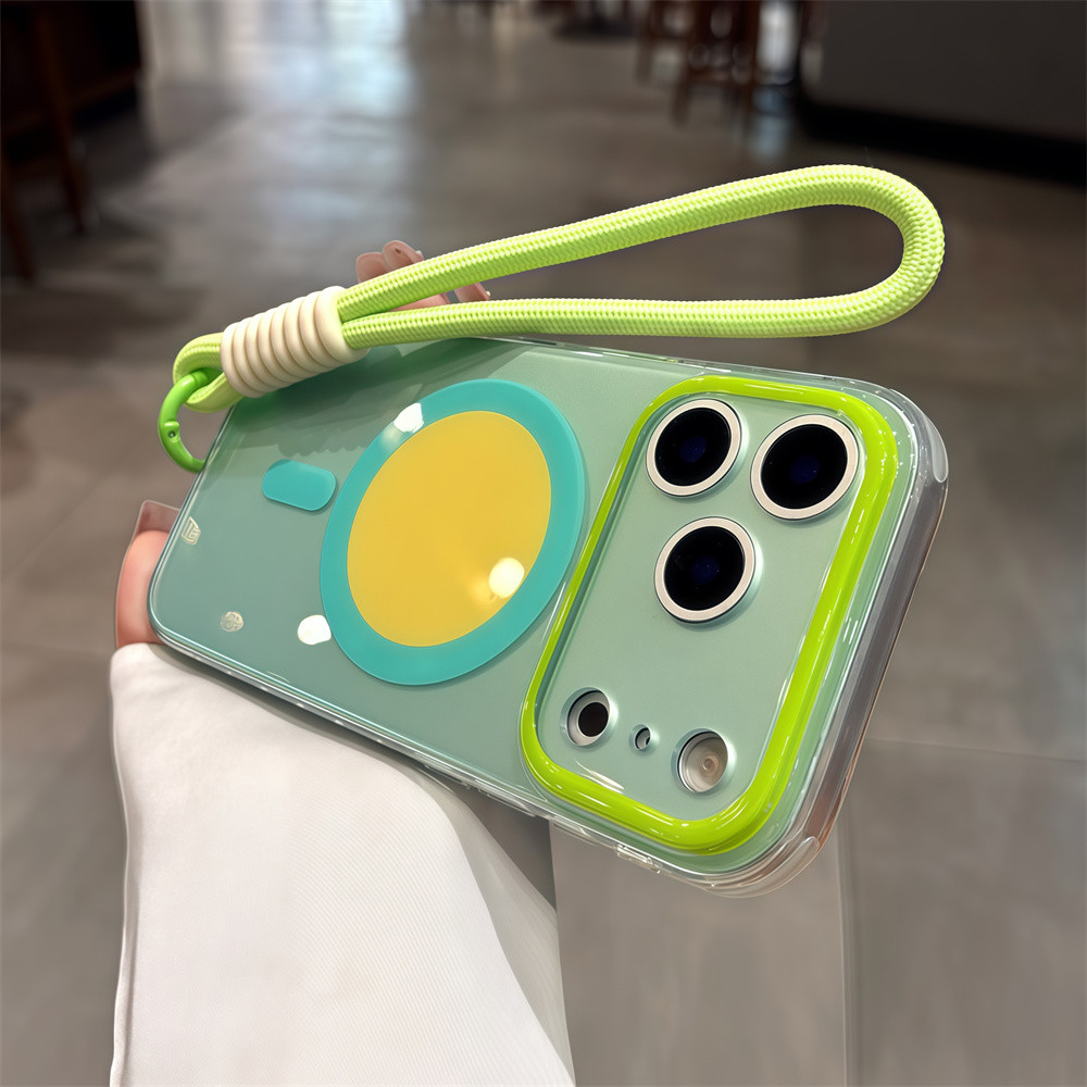 Ốp điện thoại từ tính đầy màu sắc có dây đeo cổ tay cho iPhone 17 Pro Max 15 16 pro max Bao gồm tất cả bảo vệ ống kính máy ảnh vỏ mềm Vỏ bảo vệ vỏ điện thoại