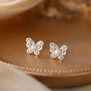 S925 Bạc Bướm Ngọc Trai Bông Tai Thời Trang Đơn Giản Nữ Trang Sức Quà Tặng Hàng Ngày