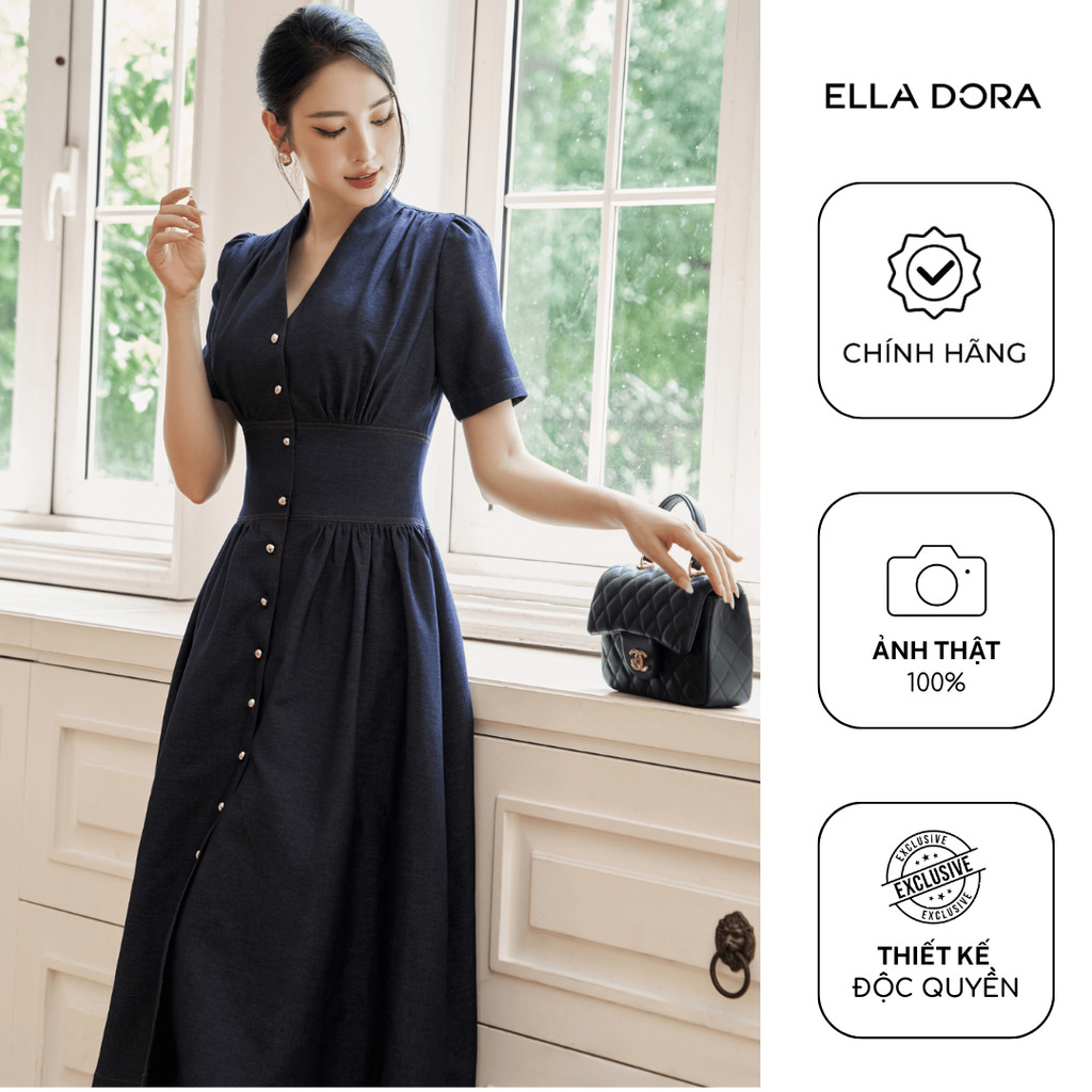 Đầm Denim nữ ELLA DORA cổ V rúm eo phối cúc đồng dáng dài công sở dễ mặc 4 mùa màu XANH ĐẬM [D239]
