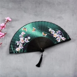 Di Động Nhỏ Lụa Quạt Gấp Quạt Thủ Công Thủ Công Cổ Phong Cách Trung Hoa Lụa Dày Xanh Gấp Quạt Cầm Tay Nữ