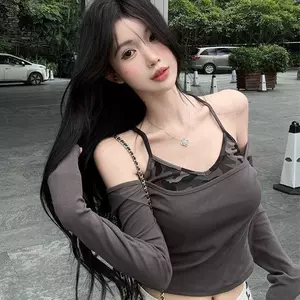 Pure Desire Hot Girl Giả Hai Mảnh Rỗng Khâu Ngụy Trang Áo Thun Nữ Đẹp