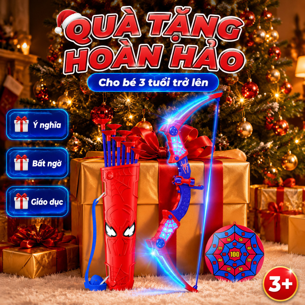Cung Tên Người Nhện Có Ống Đựng Tên Đeo Vai Đèn LED Đầu Hút Silicon An Toàn Cho Bé 3+ đồ chơi ngoài trời trẻ em