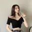 Áo thun cổ điển hình nấm viền mỏng hình rốn mùa hè Phong cách mới màu trắng gợi cảm Tight-F