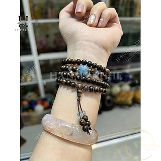 Vòng tay trầm sánh 6 mm 108 hạt mix charm đá aquamarine HANMYNGHE