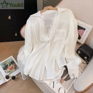 Áo Sơ Mi Nữ YUUKII, Áo Ren Giả Hai Mảnh Ren Đơn Giản, Áo Sơ Mi Dài Tay Màu Trắng Rời Nữ