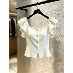 Thiết kế Sense Cổ vuông tay phồng dệt kim một lớp nữ mùa hè Pháp Slim-fit Age-