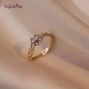 AqToCna Thời Trang Tinh Tế Niche Bốn Lá Thiết Kế Hoa Nhẫn Ngón Tay Cổ Điển Cá Tính Rỗng Hoa Có Thể Điều Chỉnh Mở Nhẫn AqToCna