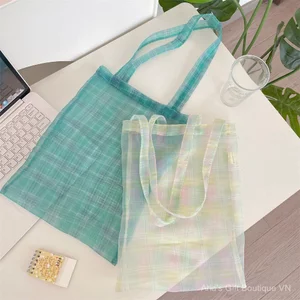Túi đeo vai Organza kẻ sọc màu tím nhạt Sợi trong suốt Chất lượng văn học Cô gái đi làm Túi sức chứa lớn