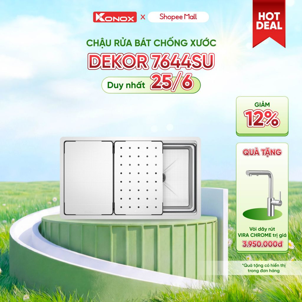 [TẶNG VÒI] Chậu rửa bát inox 1 hố chống xước Konox DEKOR 7644SU - Bảo hành 10 năm
