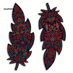 Linh hồn| 2 Chiếc Treo Lông Vũ Trang Trí, Nghệ Thuật Treo Tường Gỗ Phong Cách Dân Tộc Boho, Họa Tiết Hoa Retro, Lắp Đặt Không Hư Hại Có Băng, Thiết Kế Nhẹ Cho Tường Và Tủ, A