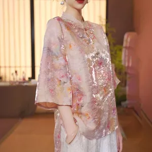 Mới Phong Cách Trung Hoa Phong Cách Phương Tây Jacquard Đứng Cổ Ba Phần Tư Tay Áo Sơ Mi Nữ Lỏng Lẻo Tính Khí Thanh Lịch Mỏng Hơn