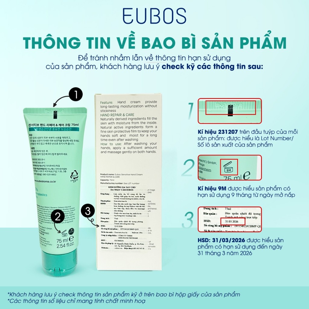 Combo 2 Kem Dưỡng Da Tay và Móng EUBOS Giúp Mềm Mịn, Dưỡng Ẩm An Toàn Cho Da Nhạy Cảm Tuýp 75ml