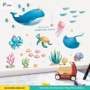 Decal dán tường cho bé, tranh dán tường cho bé đại dương xanh A01, Trang trí phòng ngủ, nhà tắm