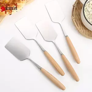 Thìa nấu nướng đầu vuông bằng thép không gỉ Tay cầm bằng gỗ Xẻng Pizza Bánh nướng thịt bò Dụng cụ nướng BBQ cho nhà bếp VN