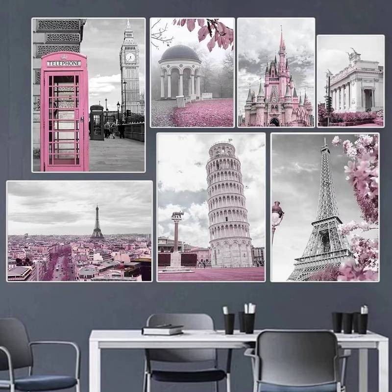Poster phong cảnh thành phố Pháp hiện đại, thích hợp để trang trí nhà cửa phòng khách, màu hồng và đen Tháp Eiffel Paris vẽ tranh tường nghệ thuật