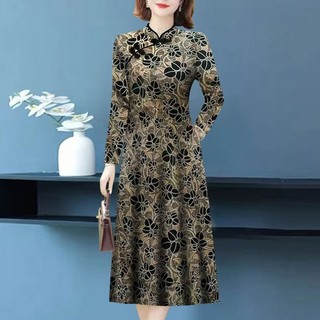 In hình size lớn áo sườn xám trung niên, chất liệu bao da thịt dài tay, phù hợp thu đông