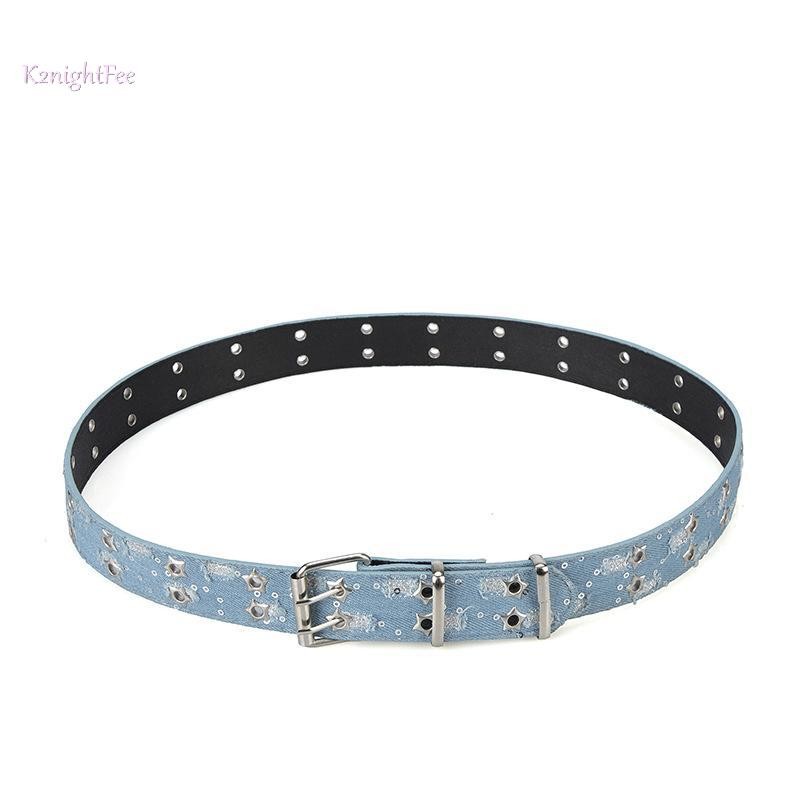 Thắt lưng thời trang mớipunk và denim xanh, sang trọng với khóa ngôi sao rỗng pin, phù hợp nam nữ