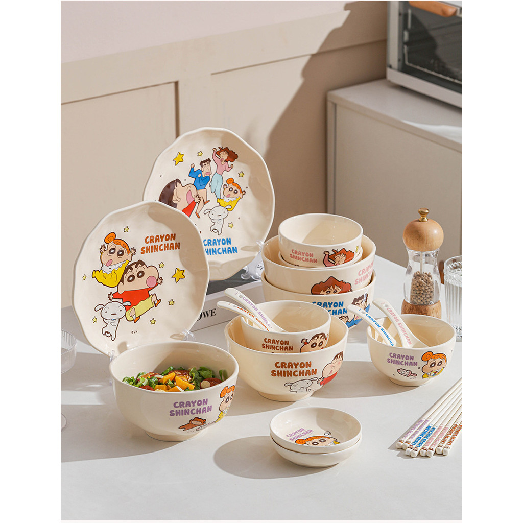 Bộ Đồ Ăn Sứ Shin Siêu Dễ Thương - Bát Cơm, Đĩa Ăn, Thìa, Bát Súp, Phù Hợp Trẻ Em Và Gia Đình"