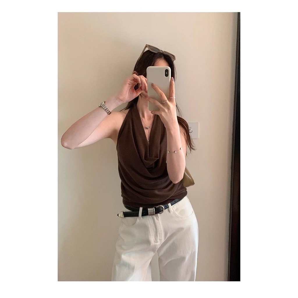 Milyfashion Áo sơ mi form rộng màu cà phê retro thắt nút cổ dây ngắn, phù hợp thời trang mùa hè