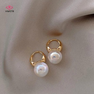 Vòng bông tai nữ màu vàng dày tròn với hạt ngọc trai, phong cách Hàn Quốc mới