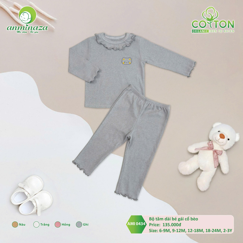Bộ Dài Tay Thu Đông Bé Gái Anminaza Vải Tăm Ấm Áp Cổ Bèo - Hàng Chính Hãng AMI0434