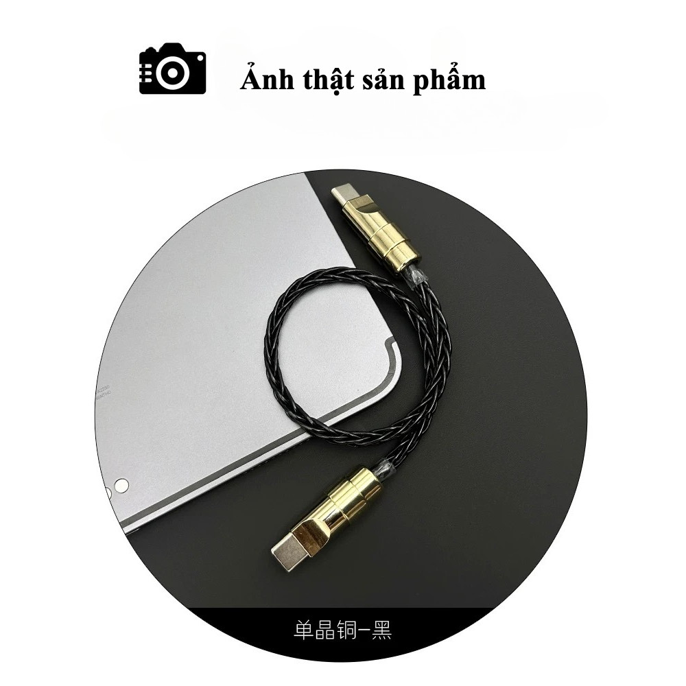 Dây Cáp Sạc Nhanh 60W PD Type C - Ngắn 25cm - Đầu Đồng Phủ Crom Vàng Bóng - Dây bện 8 sợi