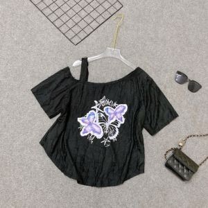 Áo thun bigsize nữ lệch vai form rộng vải xược in bươm bướm tím cá tính, croptop dễ thương năng động-A316