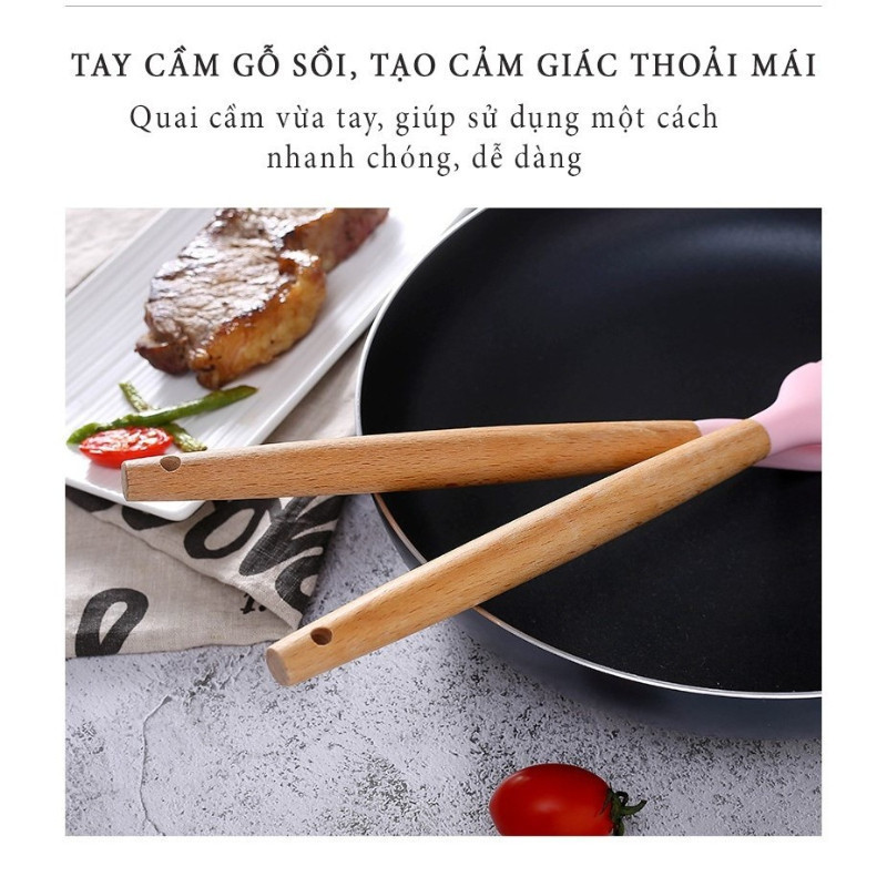 Bộ Dụng Cụ Nấu Ăn Gel Silicone, 12 Món Cán Gỗ Kitchen Set, nấu ăn làm bánh, Chịu Nhiệt Chống Dín