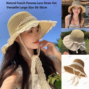Mũ Rơm Panama Pháp Tự Nhiên PYCOU, Mũ Du Lịch Bãi Biển Mùa Hè Ren Đa Năng, Vành Rộng 56-58cm Mũ Chống Nắng Kỳ Nghỉ Kích Thước Lớn