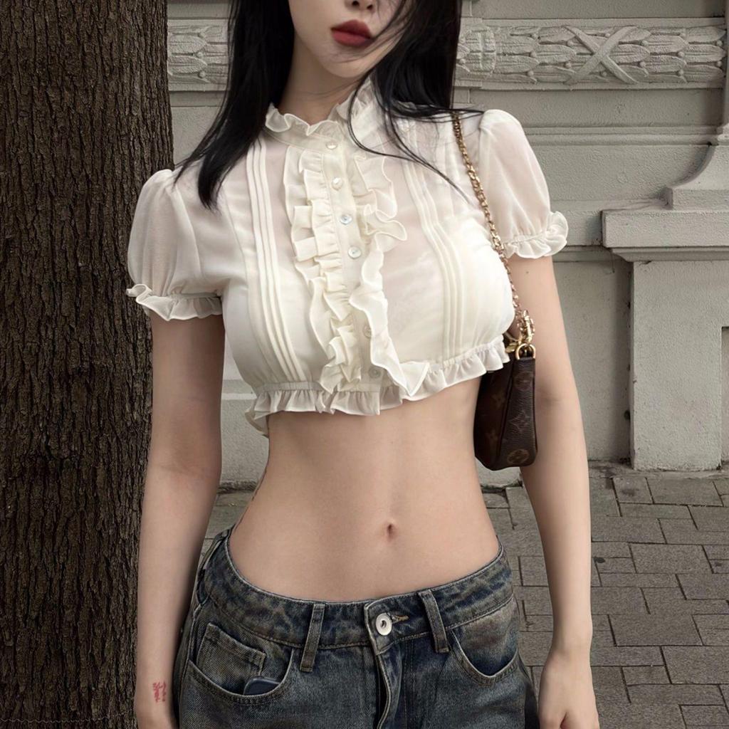 [Hàng mới về] Áo sơ mi ngắn xù kiểu Pháp dành cho nữ Pure Desire Puff Tay áo có cổ đứng hẹp eo hẹp cho bé gái nóng bỏng