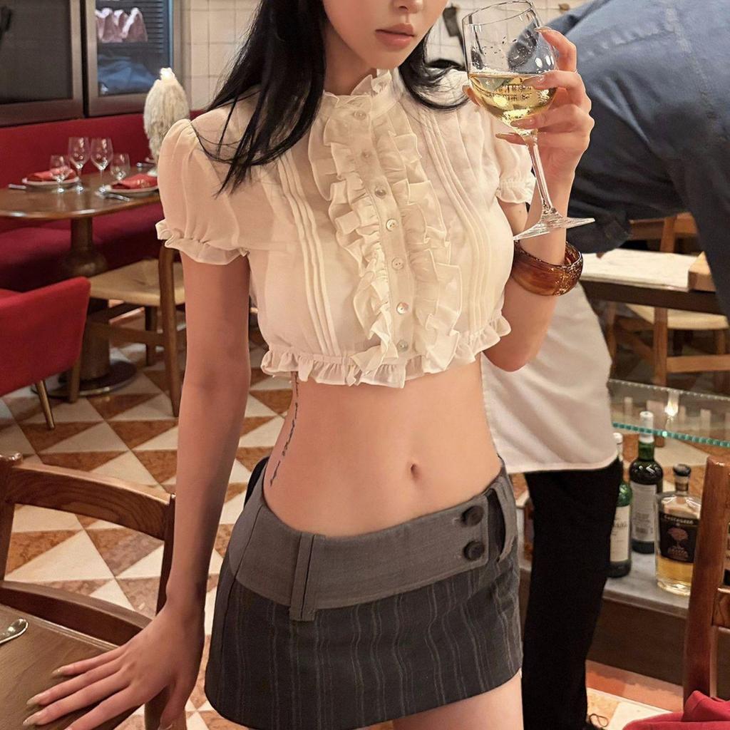 [Hàng mới về] Áo sơ mi ngắn xù kiểu Pháp dành cho nữ Pure Desire Puff Tay áo có cổ đứng hẹp eo hẹp cho bé gái nóng bỏng
