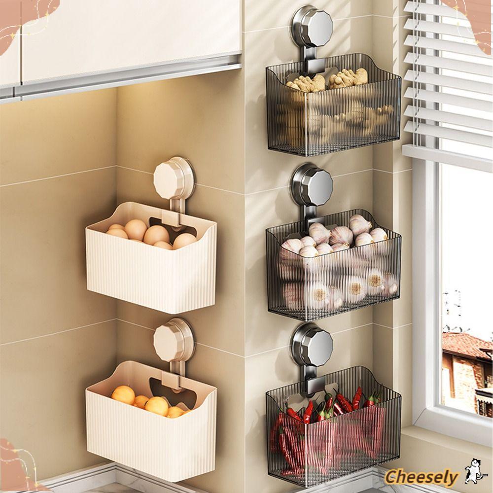 Giỏ đựng đồ nhà bếp CHEESELY, Hộp đựng gia vị dung tích lớn trong suốt, Cốc hút treo tường di động Giá đựng đồ phòng tắm cho tỏi gừng hành tây
