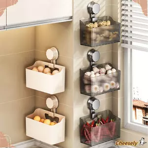 Giỏ đựng đồ nhà bếp CHEESELY, Hộp đựng gia vị dung tích lớn trong suốt, Cốc hút treo tường di động Giá đựng đồ phòng tắm cho tỏi gừng hành tây