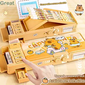 Hộp văn phòng phẩm TUYỆT VỜI, Bút chì Capibara đa chức năng dung lượng lớn, Phim hoạt hình có khóa mật khẩu Bộ sắp xếp văn phòng phẩm hai lớp Quà tặng trở lại trường học