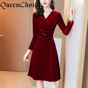 Nhung Nữ Mùa Đông Dài Tay Chữ A Váy Nữ Thường Ngày Rượu Vang Đỏ Đầm Năm Mới
