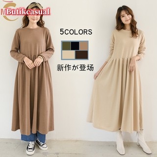 Váy một mảnh dài tay mùa thu đông cho bé gái Váy chui đầu dài xoay lớn phiên bản Váy một mảnh hẹp phong cách Nhật Bản Váy dài dáng rộng sàn @ -