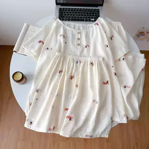 Bộ ba món đồ ngủ bán chạy Bộ đồ mặc nhà cổ tròn vải cotton mây gồm áo cardigan, quần đùi và quần dài cho nữ