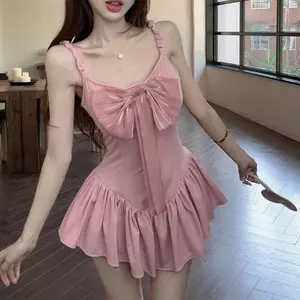 Phiên bản Hàn Quốc Ngọt Cay Gợi Cảm Nguyên Chất Desire Thiết Kế Nơ Nhỏ Slim-fit Ôm Hơn Nhìn Ngọt Ngào Váy Một Mảnh