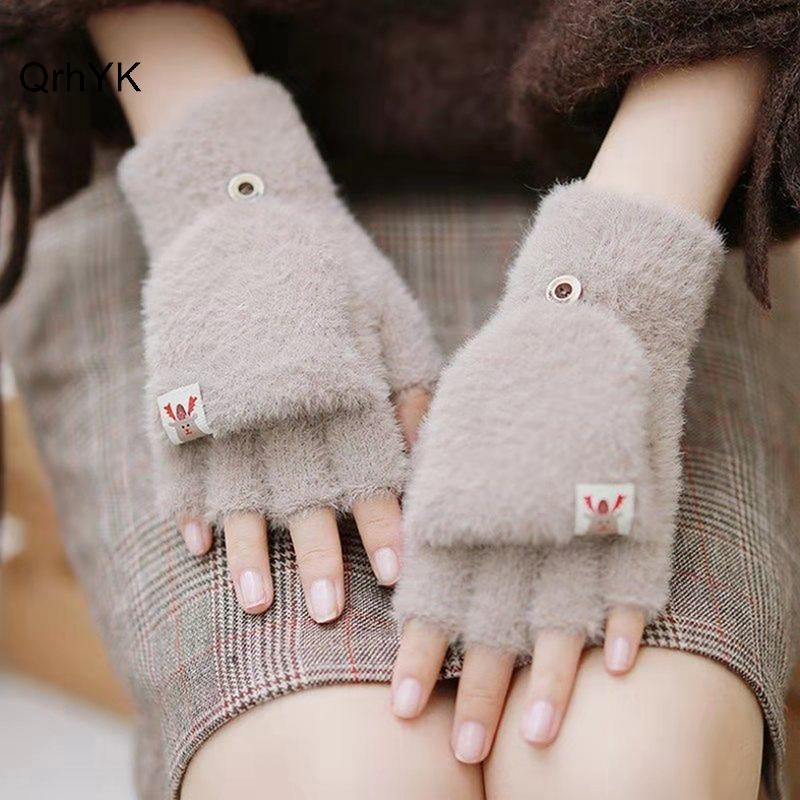 Thời Trang Nhà Máy Mùa Đông Nữ Găng Tay Lật Nửa Ngón Sinh Viên Cô Gái Dễ Thương Hoạt Hình Warmfortable Mềm Mại Phong Cách Thi Đan Găng Tay QrhYK