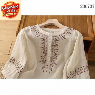 Giao hàng nội địa từ Việt Nam Áo sơ mi cotton lanh nửa tay dành cho phụ nữ với cổ đứng giả và thêu retro mỏng nhẹ