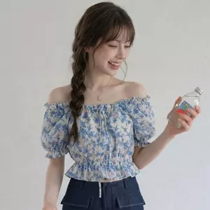 Áo thun ngắn tay hoa một vai Slim-Fit Xanh ngắn phong cách cao cấp