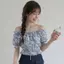 Áo thun ngắn tay hoa một vai Slim-Fit Xanh ngắn phong cách cao cấp